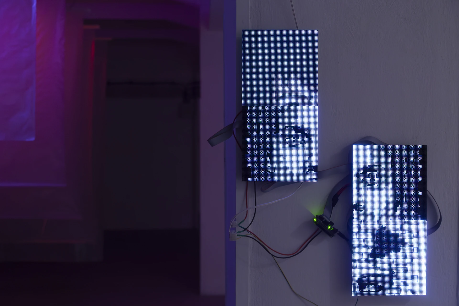 Pixelated faces on stacked LED screens