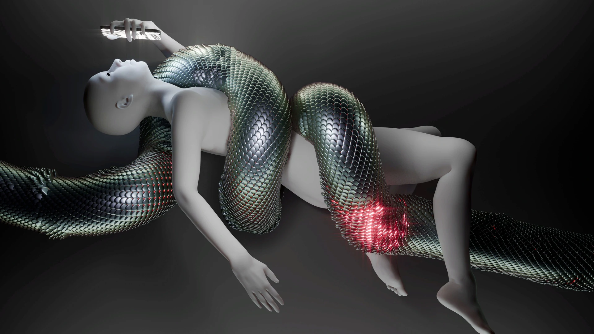 A digital figure entwined with metallic serpents, holding a phone