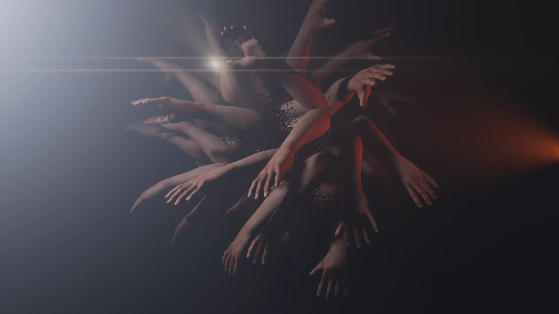 A branching cluster of human arms illuminated by beams of light in Human Responsibility