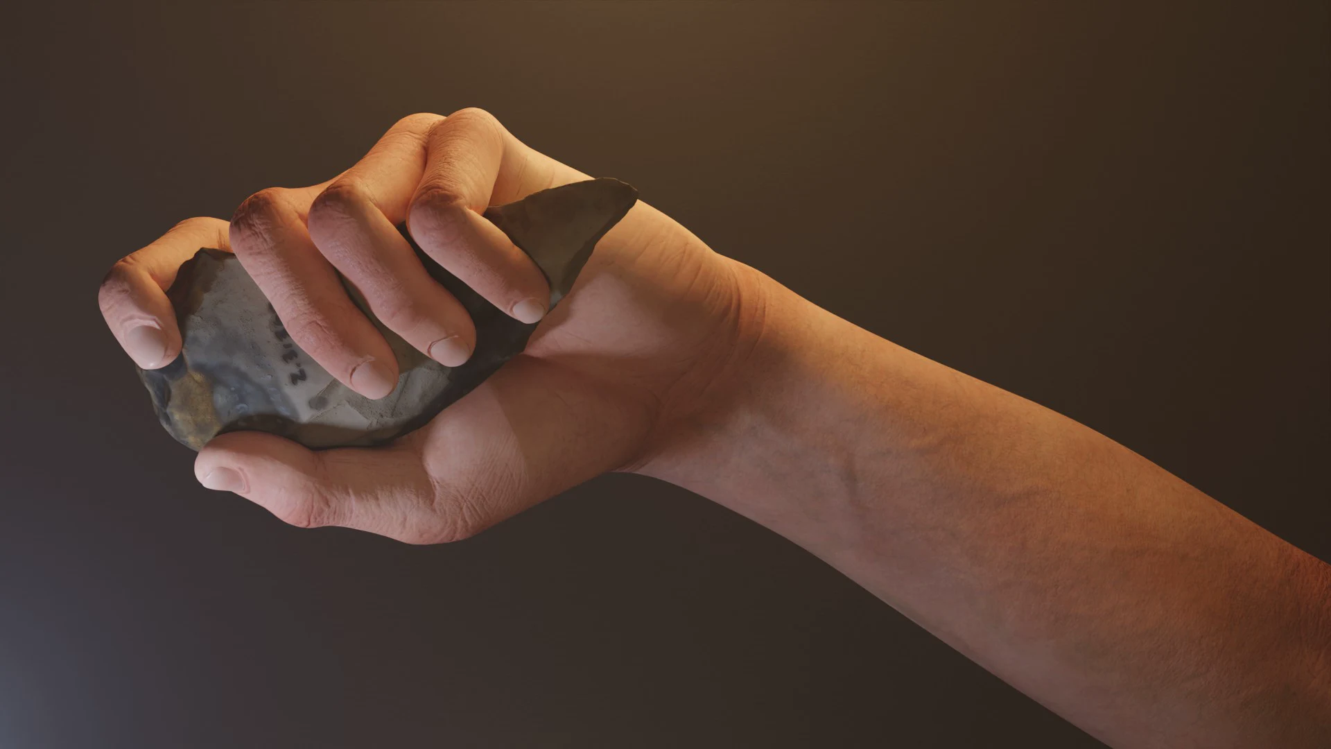 A digitally rendered hand gripping a stone tool in Human Responsibility